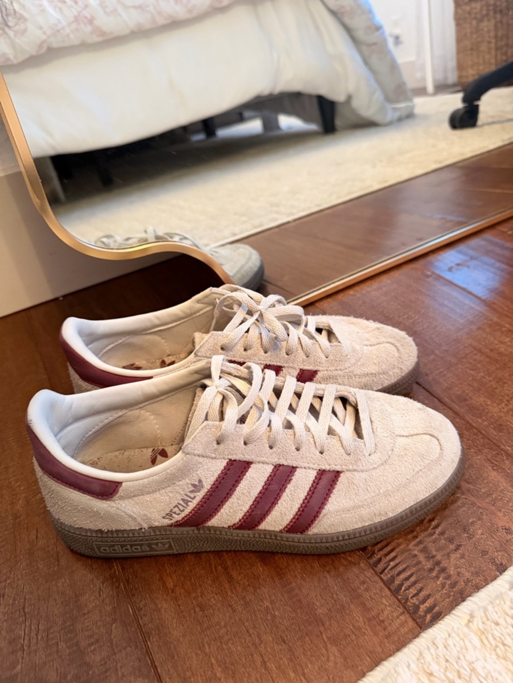 adidas women’s Beige Suede Sneakers with Burgundy Stripes